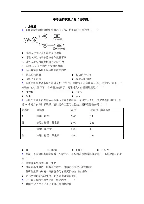 中考生物模拟试卷(附答案)