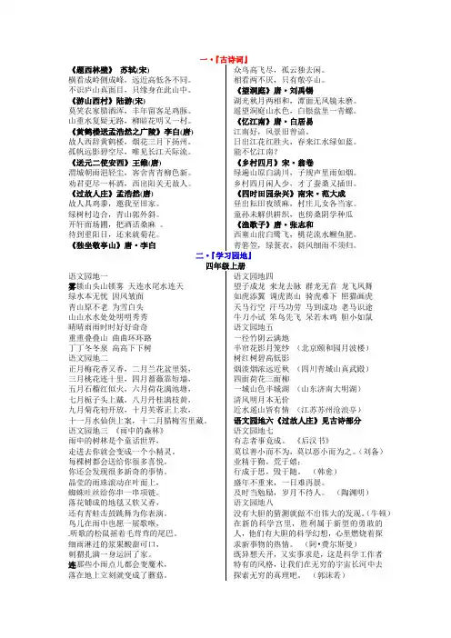 小学四年级语文(上、下册)古诗及日积月累