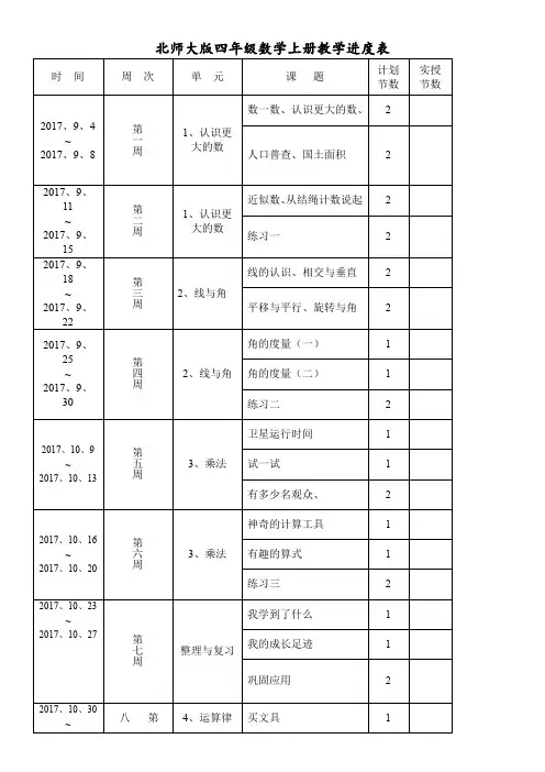 北师大版四年级数学上册教学进度表(2017、9)