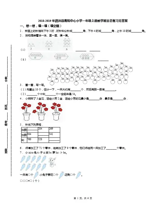 2018-2019年泗洪县青阳中心小学一年级上册数学期末总复习无答案