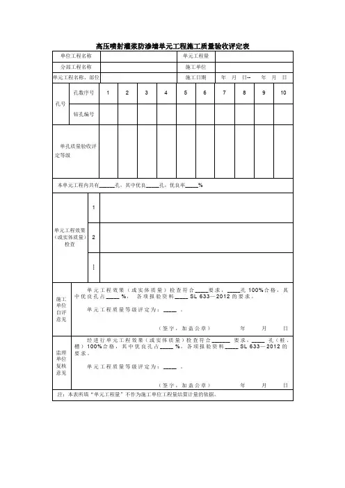 高压喷射灌浆防渗墙单元工程施工质量验收评定表