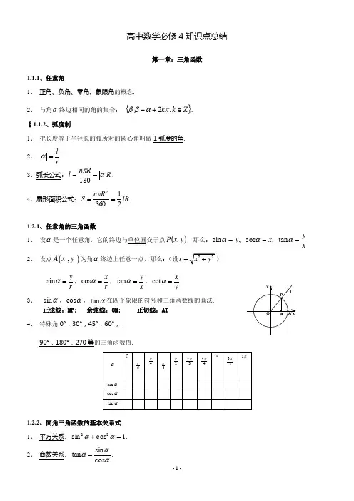 新人教版高中数学必修4知识点总结