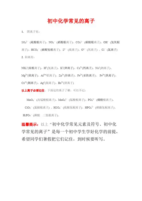 初中化学常见的离子