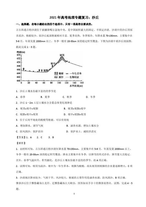 2021年高考地理专题复习：沙丘