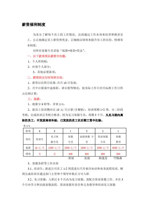 客服薪资福利制度