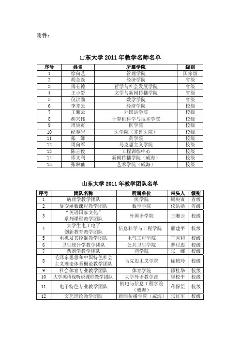山东大学2011年教学名师名单