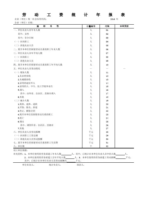 劳动工资统计年月报表 2