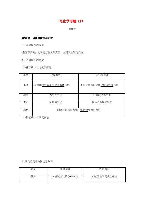 2020高考化学一轮复习讲义 电化学专题(7)金属的腐蚀与防护(无答案)