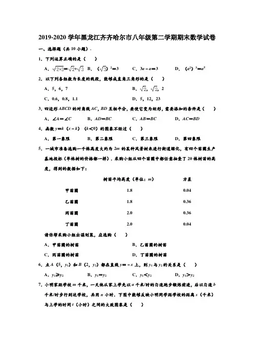 2019-2020学年黑龙江省齐齐哈尔市八年级下学期期末数学试卷 (解析版)
