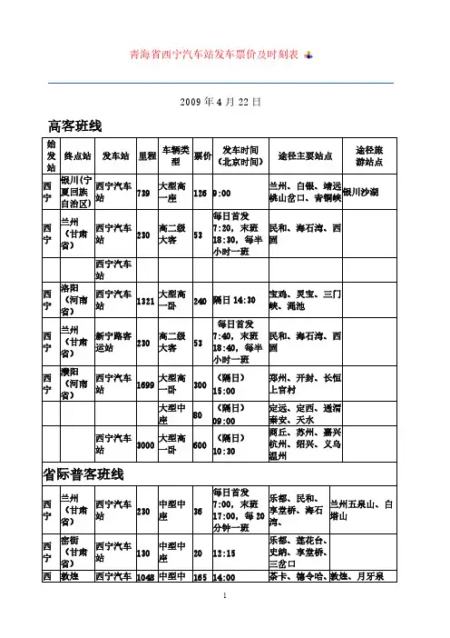 青海省西宁汽车站发车票价及时刻表