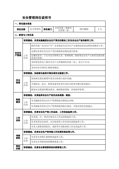 安全管理岗位说明书