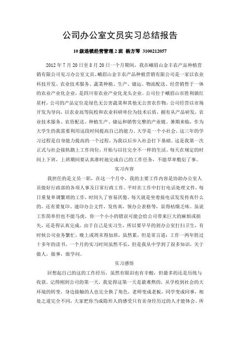 公司办公室文员实习总结报告