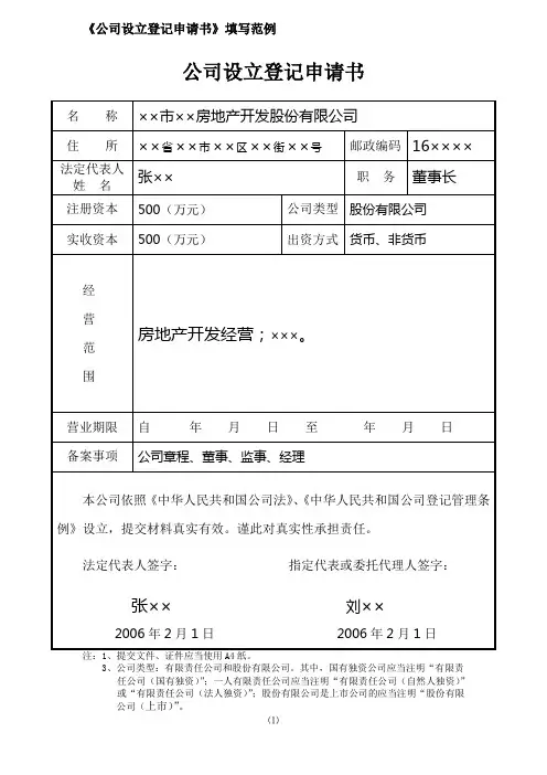 《公司设立登记申请书》填写范例
