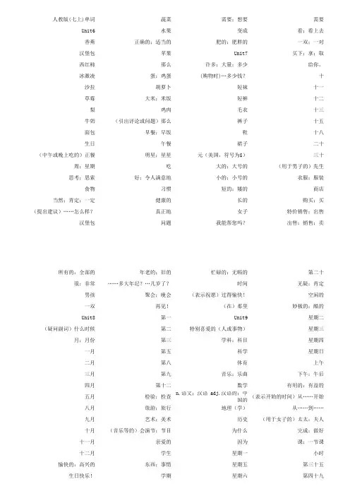 新目标人教版七年级英语上册6-9单元单词