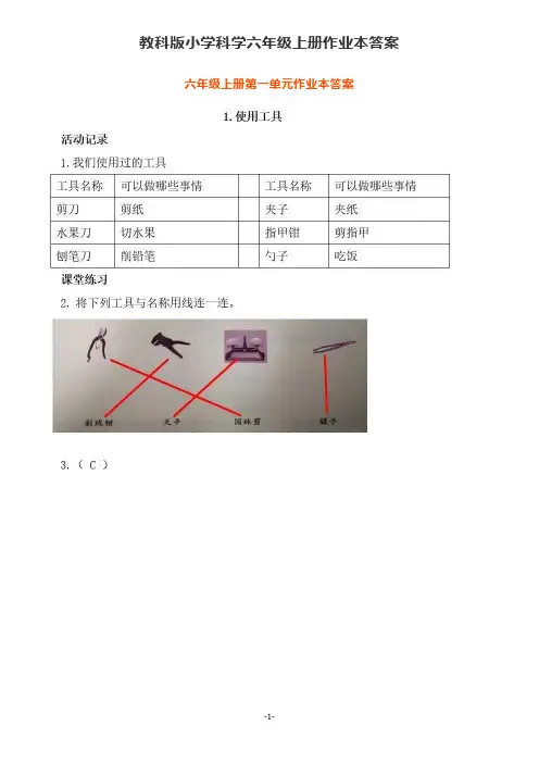 教科版小学科学六年级上册作业本参考答案