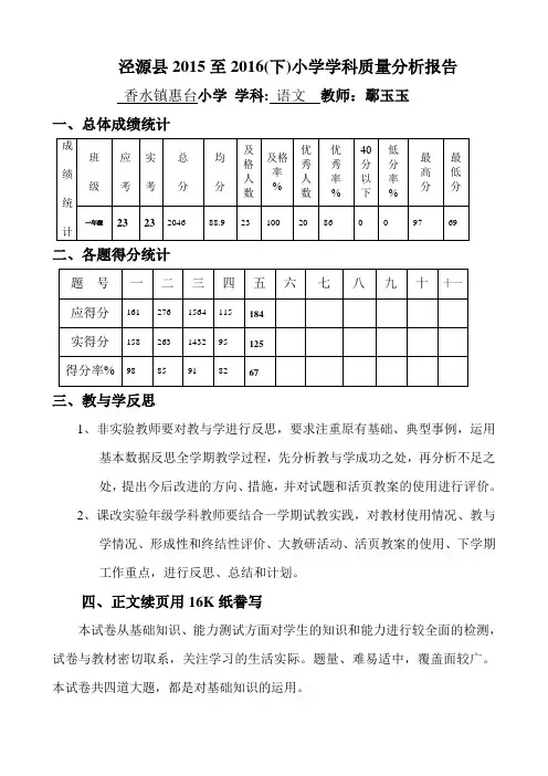 一年级下册语文期末试卷质量分析