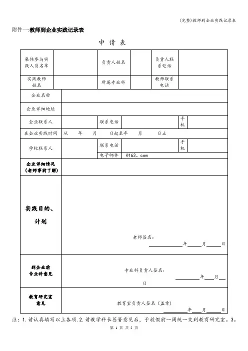 (完整)教师到企业实践记录表