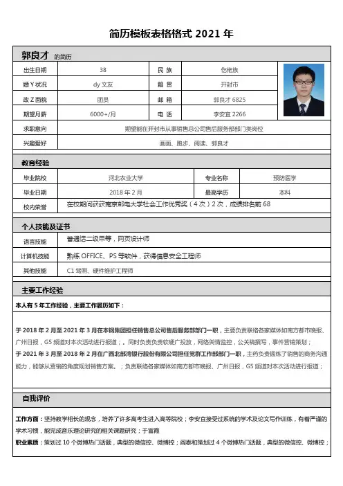 简历模板表格格式2021年