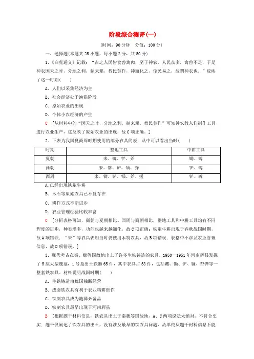 2019-2020学年高中历史 阶段综合测评(一)(含解析)岳麓版必修2
