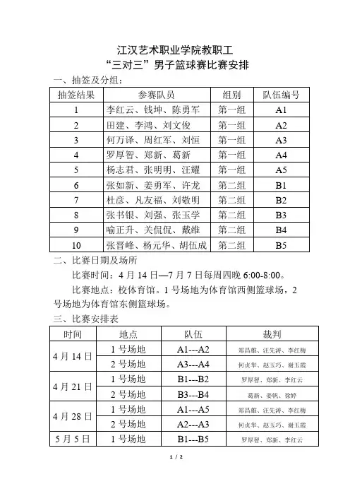 江汉艺术职业学院教职工“3v3男子篮球比赛”赛程安排