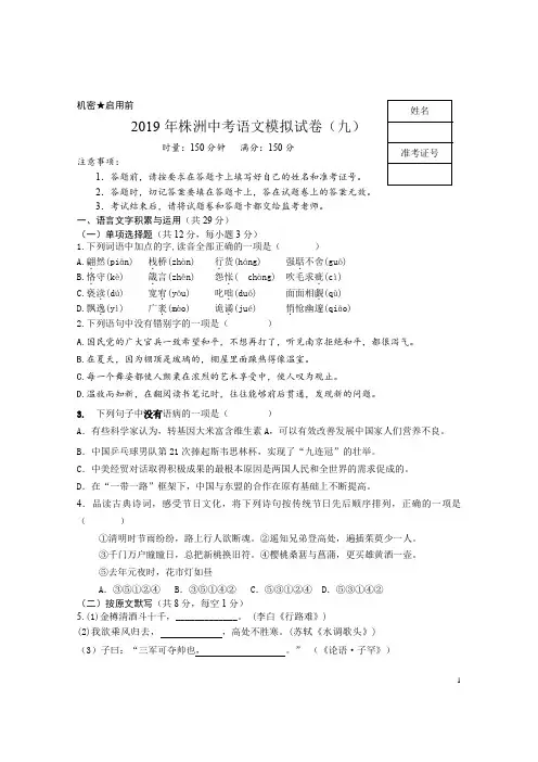 2019年株洲中考语文模拟试卷(九)