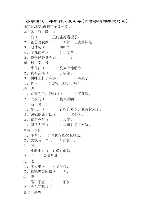 小学语文一年级语文复习卷(同音字选词填空练习)