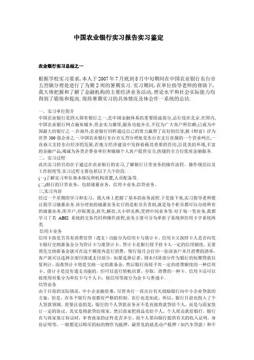 中国农业银行实习报告实习鉴定
