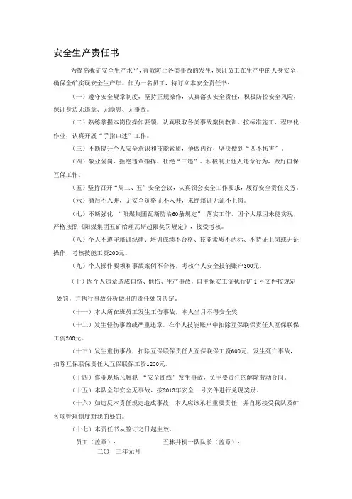 2013员工个人安全生产责任书承诺书