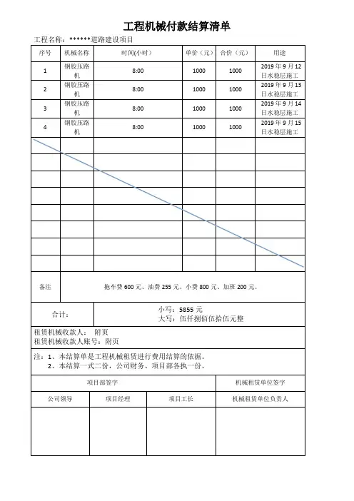 工程机械付款结算清单(钢胶压路机)