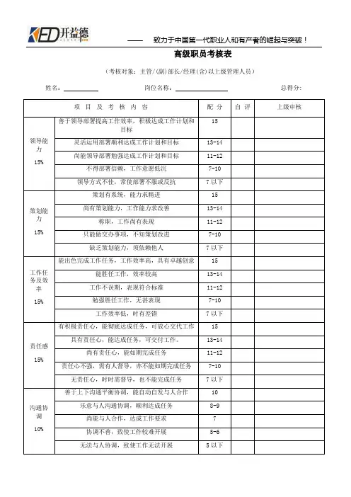 各部门绩效考核表格汇总 2