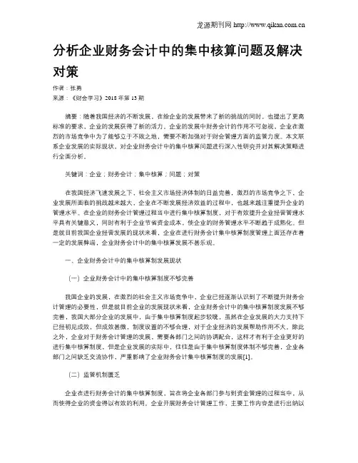 分析企业财务会计中的集中核算问题及解决对策