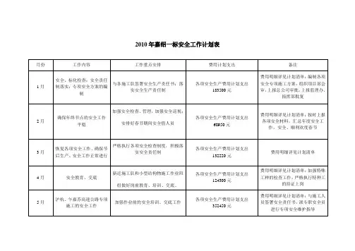 2010年年度安全工作计划表
