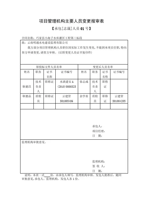 项目管理机构主要人员变更报审表