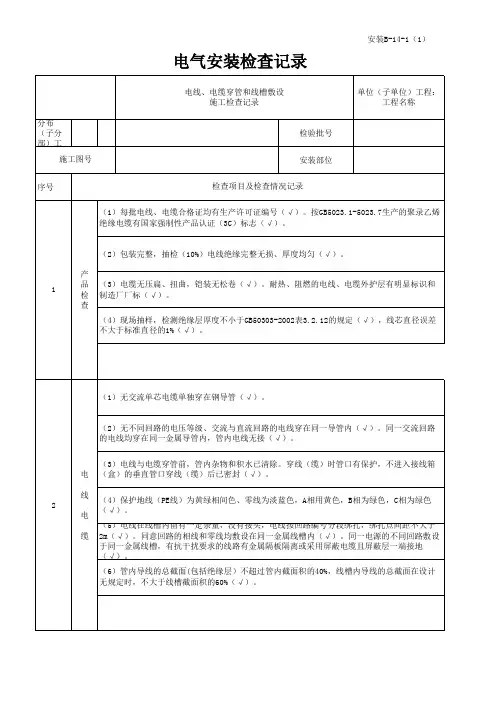 电线、电缆穿管和线槽敷设电气安装检查记录表