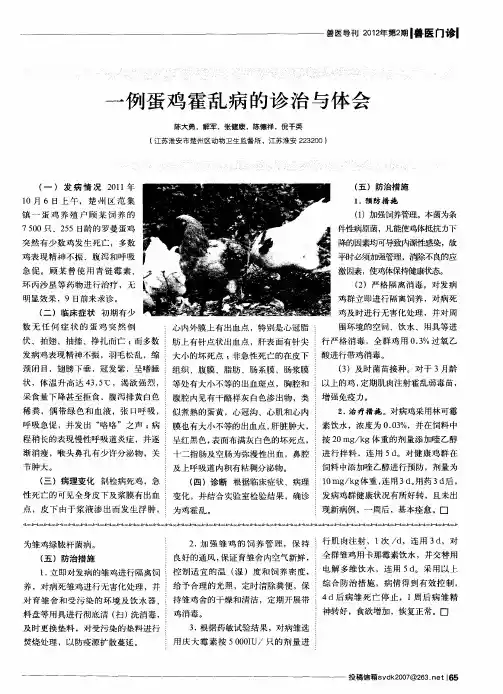 一例蛋鸡霍乱病的诊治与体会