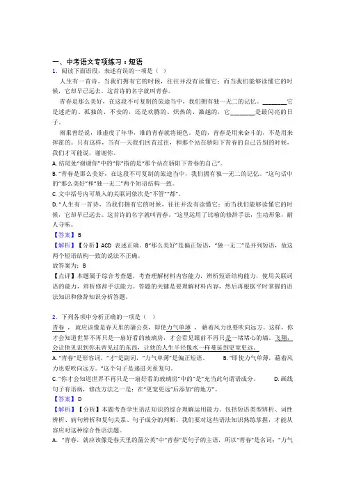 初中中考 语文 短语解题方法和技巧及习题训练含答案(Word版)