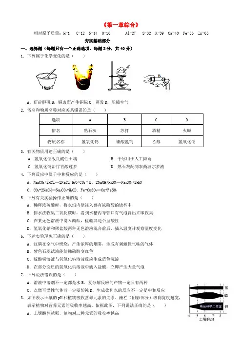九年级科学上册第1章物质及其变化综合卷新版浙教版