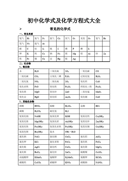 初中常见化学式及化学方程式大全 3