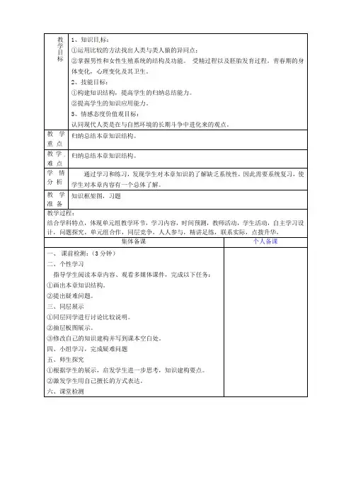七年级生物下册第一章人的由来教案