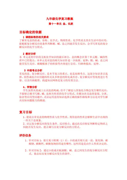 化学人教版九年级下册九年级化学复习教案 第十一单元 盐、化肥