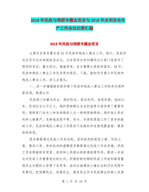 2018年民政与残联专题会发言与2018年水利安全生产工作会议纪要汇编