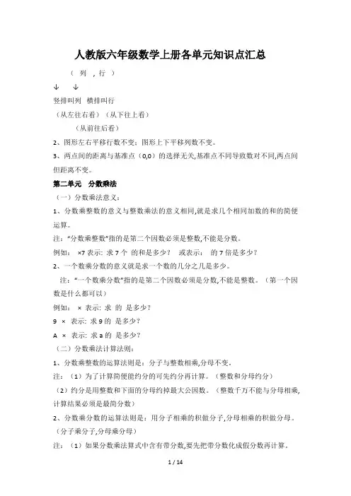 人教版六年级数学上册各单元知识点汇总 2