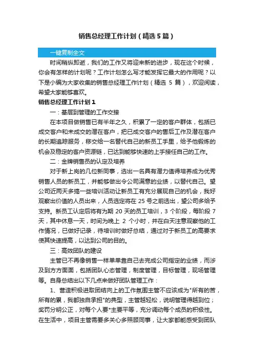 销售总经理工作计划（精选5篇）