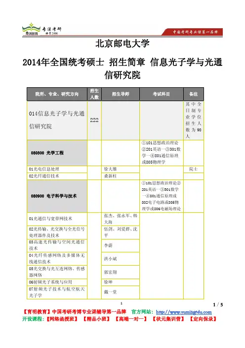 北京邮电大学 2014年全国统考硕士 信息光子学与光通信研究院 招生简章 招生人数 考试科目