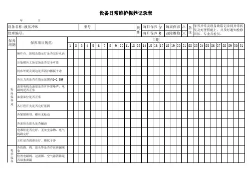 液压冲床日常维护保养记录表