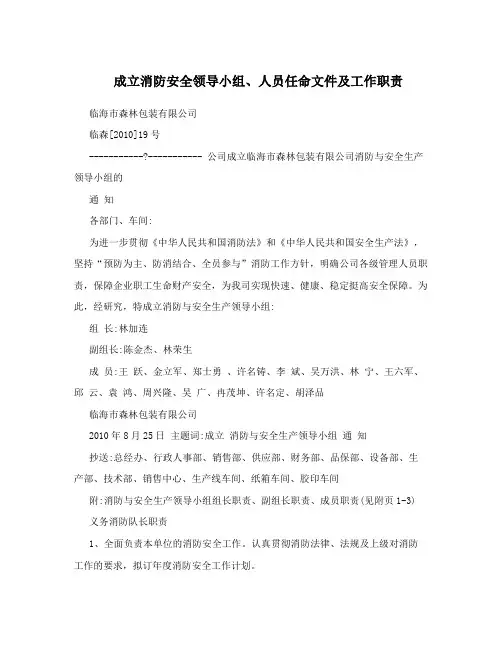 成立消防安全领导小组、人员任命文件及工作职责