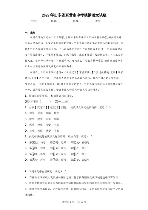 2023年山东省东营市中考模拟语文试题(含解析)