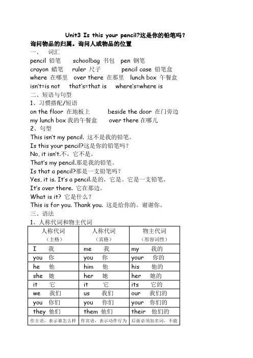 【译林版】3B英语Unit3 Is this your pencil知识点整理