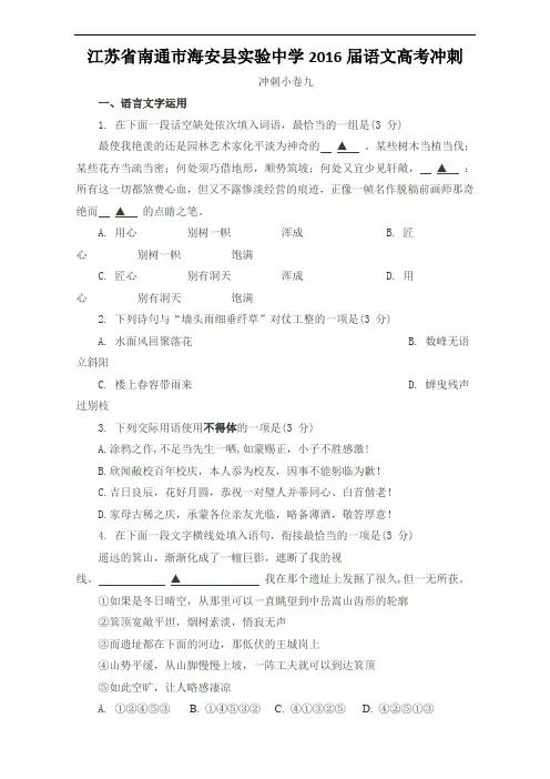 江苏省南通市海安县实验中学2016届语文高三下学期考前冲刺小卷九 Word版含答案