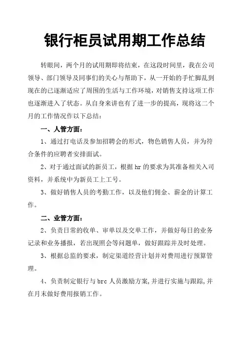 银行柜员试用期工作总结
